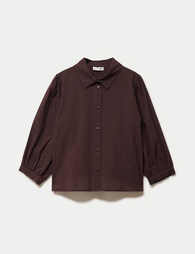Chemise droite col classique manches 3/4 marron fonc&eacute; femme