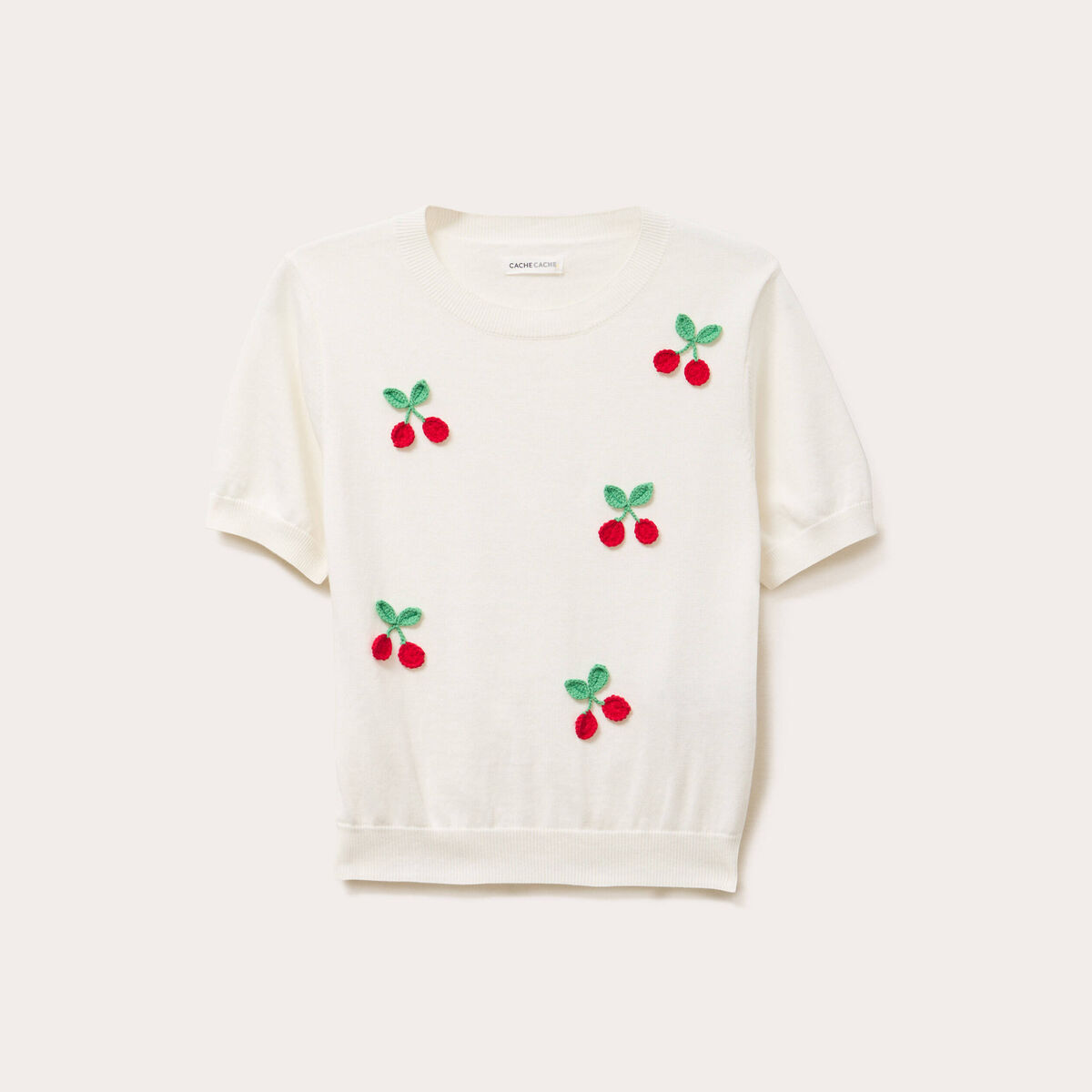 Pull manches courtes patchs ecru femme