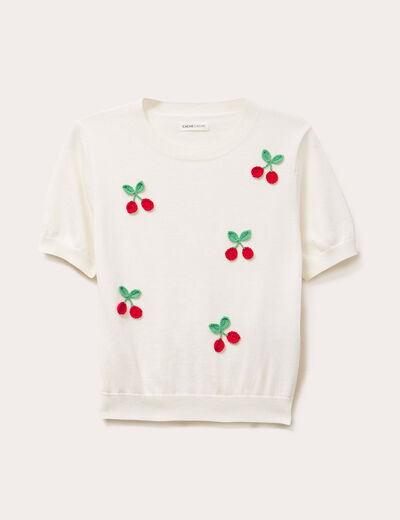 Pull manches courtes patchs ecru femme