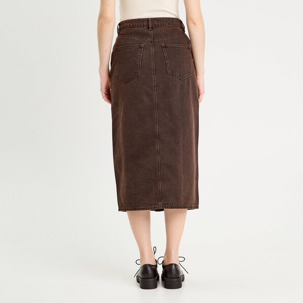 jupe midi droite en jean marron fonce femme Jupe midi droite en jean marron foncé femme