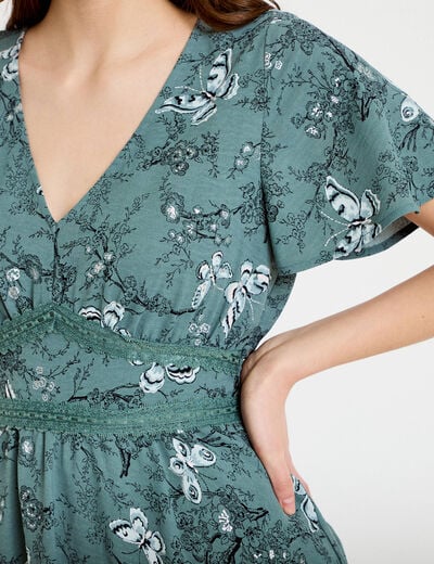 Robe courte &eacute;vas&eacute;e col v manches courtes bleu femme