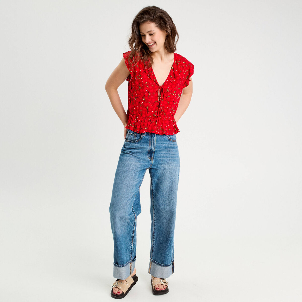Blouse sans manches nouée rouge femme