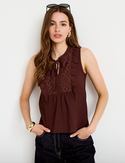 Top sans manches col v marron femme