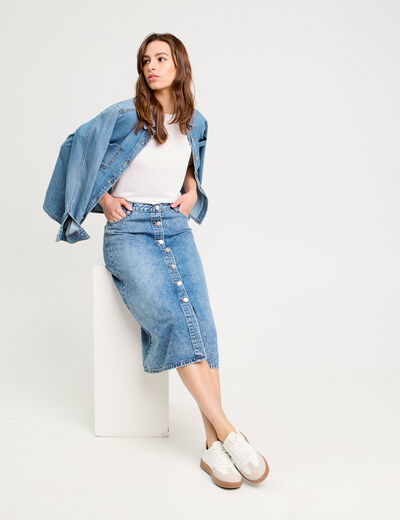 Jupe longue trapèze en jean denim double stone femme
