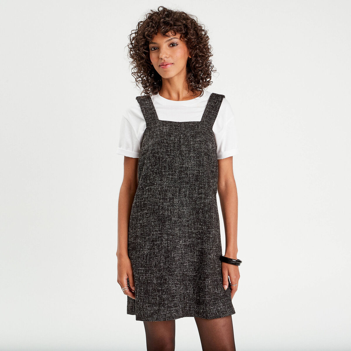 Robe chasuble droite tweed noir femme