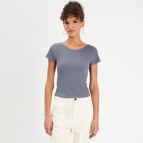 T-shirt manches courtes côtelé bleu gris femme