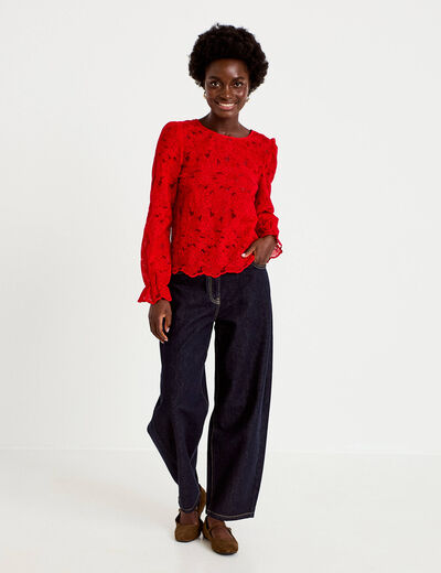 Blouse en dentelle d&eacute;collet&eacute; dos rouge femme