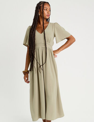 Robe longue évasée vert kaki femme