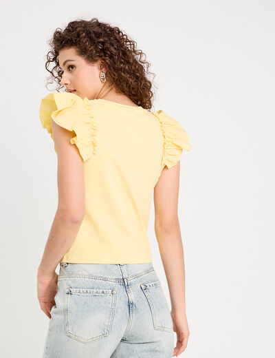 T-shirt manches volants jaune clair femme