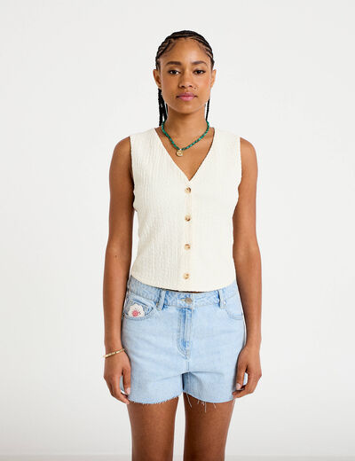 Gilet sans manches col v ecru femme