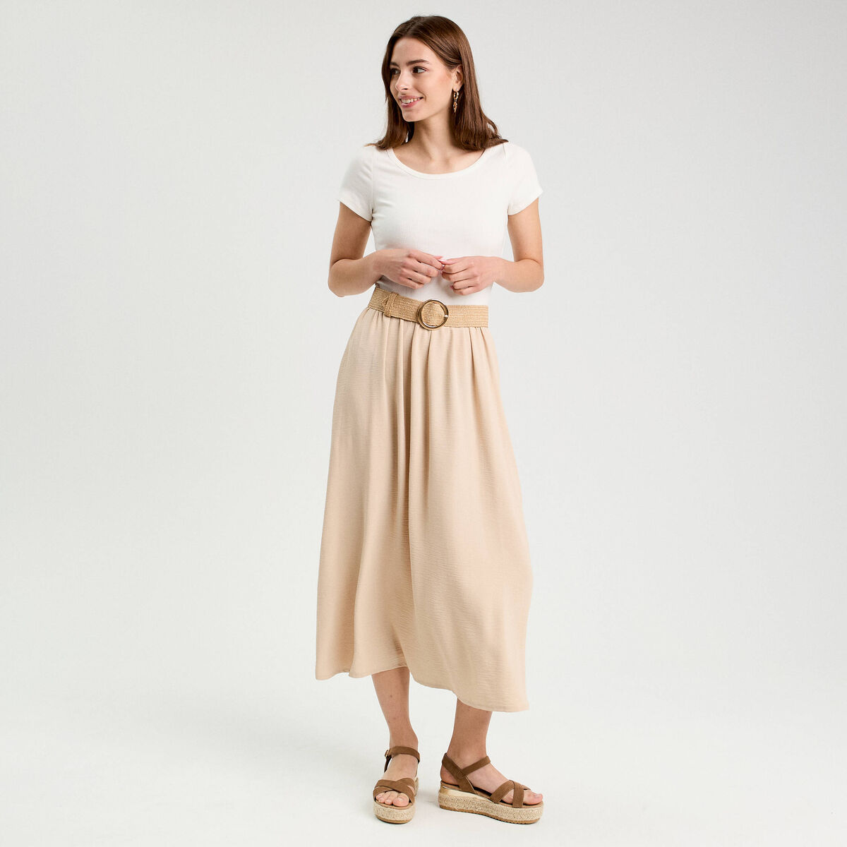 Robe longue &eacute;vas&eacute;e 2-en-1 beige femme