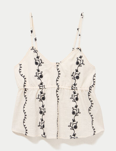 Top col v fines bretelles brod&eacute; blanc femme