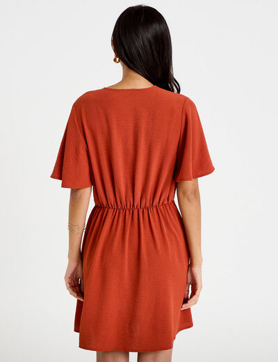 Robe courte &eacute;vas&eacute;e col v manches courtes orange fonc&eacute; femme