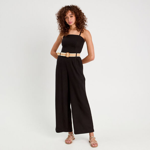 combinaison pantalon bretelles avec lin noir femme Combinaison pantalon bretelles avec lin noir femme