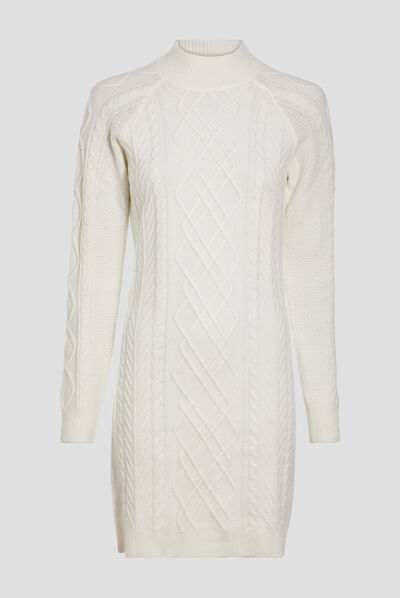 Robe pull droite avec torsades ecru femme