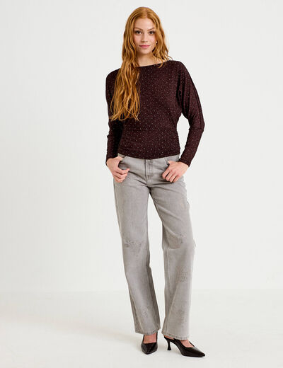 Top droit col bateau manches longues violet fonc&eacute; femme