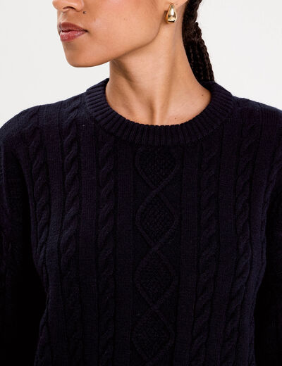 Pull avec torsades bleu marine femme