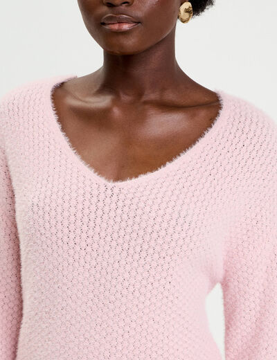 Pull col v manches longues rose pastel femme