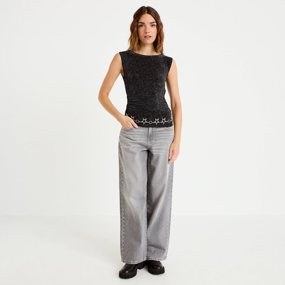 Top ajust&eacute; col rond manches courtes noir femme