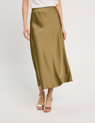 Jupe longue trapèze satin vert foncé femme