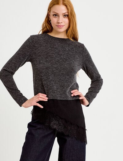 Pull manches longues gris fonc&eacute; femme