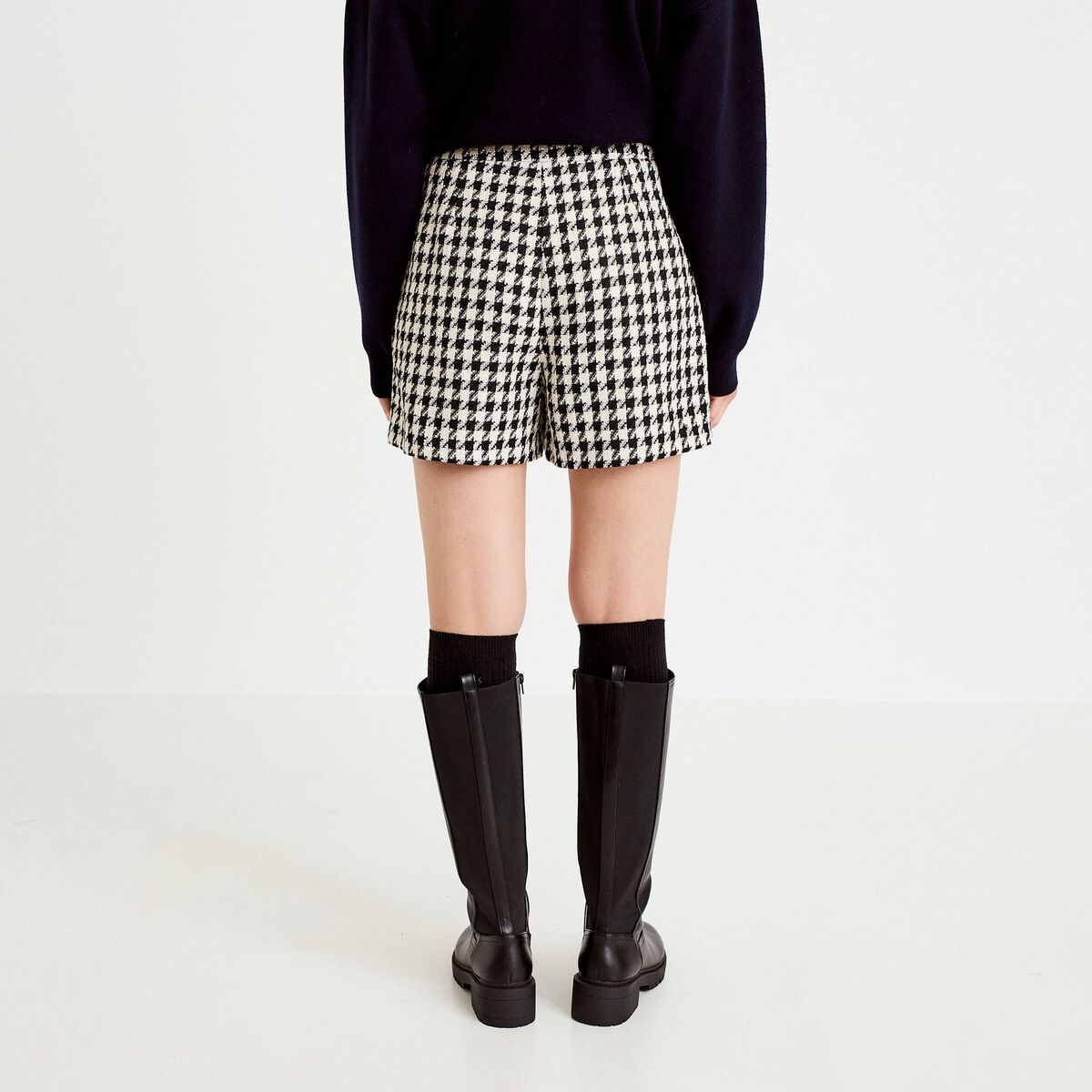 Jupe-short trap&egrave;ze tweed taille haute noir femme