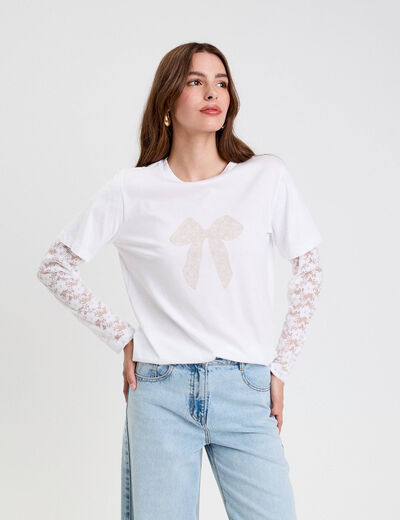 T-shirt droit court col rond dentelle blanc femme