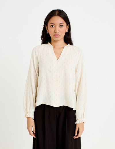 Blouse ample manches longues chin&eacute;e ecru femme