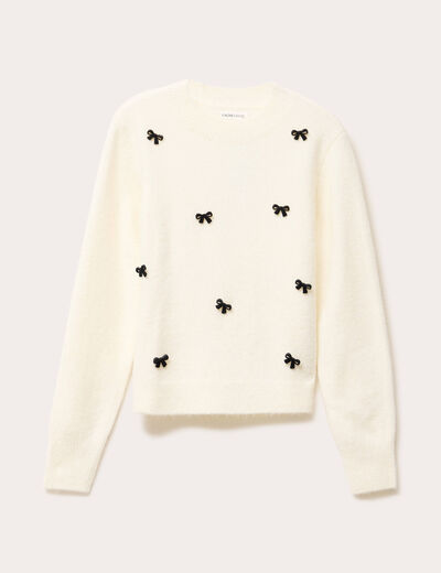 Pull manches longues noeuds ecru femme