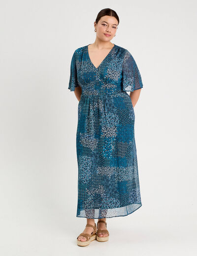Robe longue évasée col en V bleu foncé femme