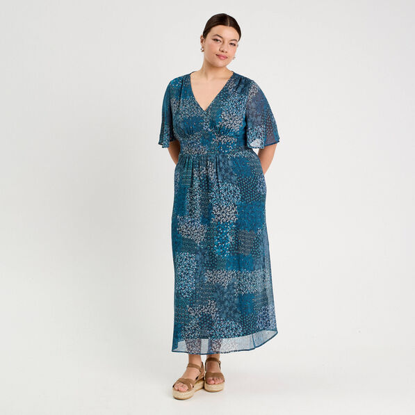 Robe longue évasée col en V bleu foncé femme