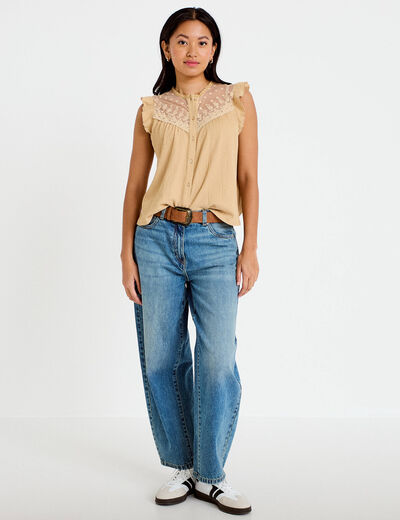 Blouse sans manches col rond beige femme