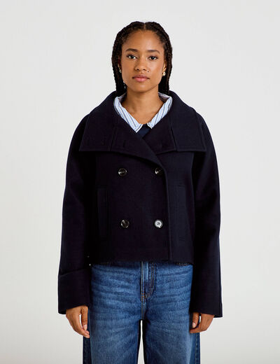Veste chin&eacute;e col montant manches longues bleu marine femme