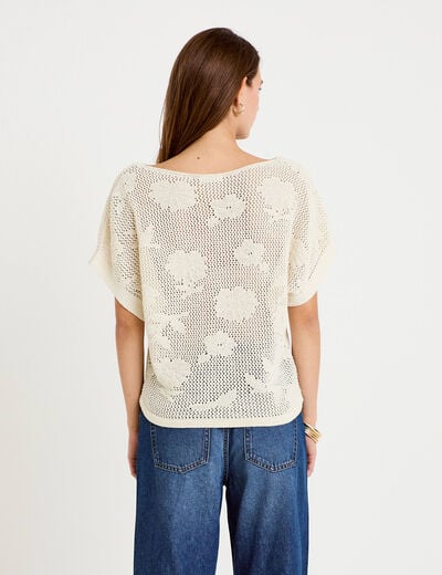 Pull ajour&eacute; col bateau manches courtes ecru femme