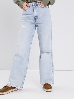 Jeans wide leg taille haute denim bleach femme