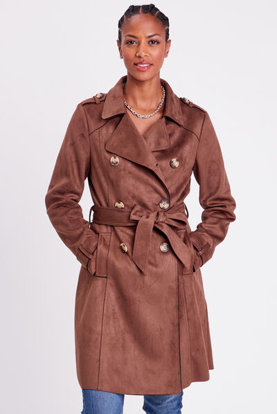 Trench long en suédine boutonné femme marron femme