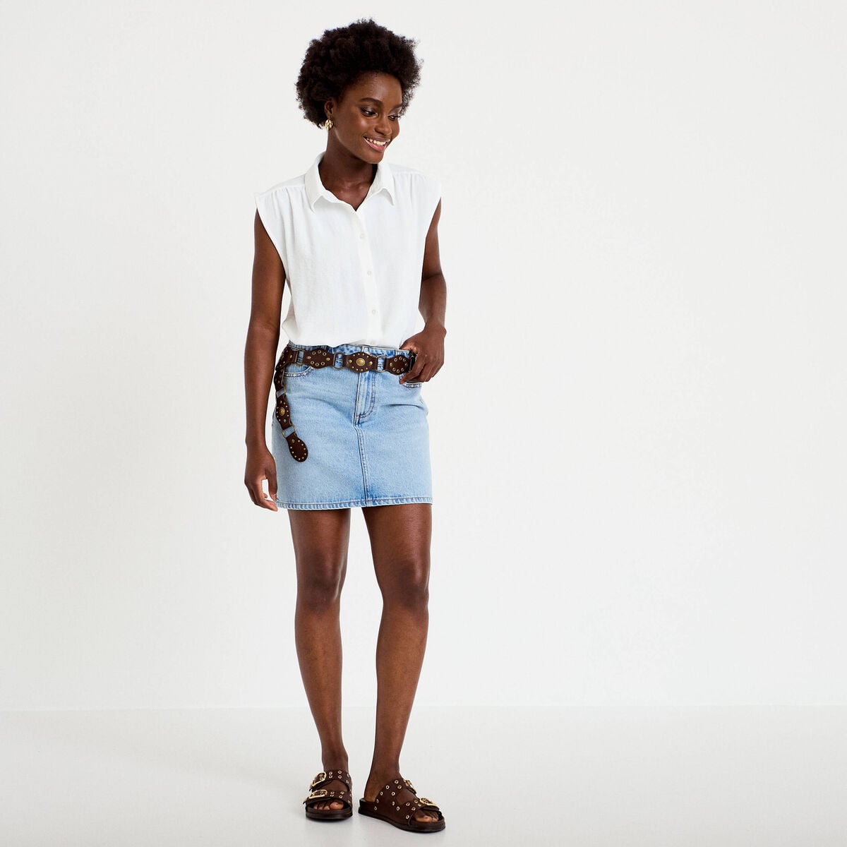 Chemise ample sans manches pliss&eacute;e ecru femme