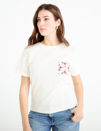 T-shirt col rond manches courtes ecru femme