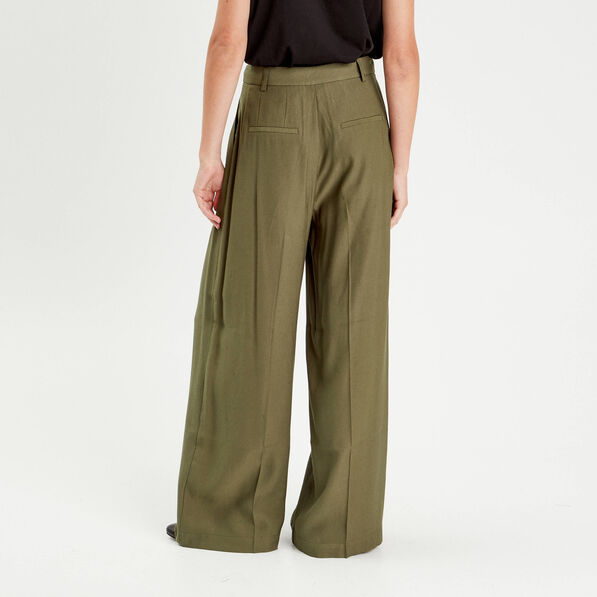 Pantalon large avec pinces vert kaki femme