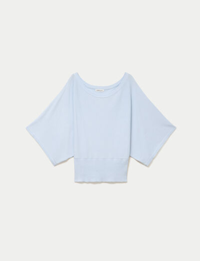 Pull ample manches courtes col rond bleu ciel femme