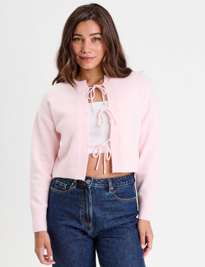 Gilet manches longues noué rose clair femme