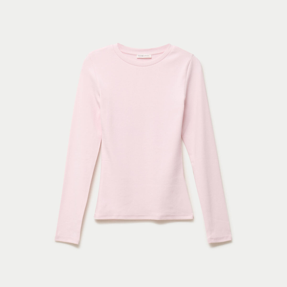T-shirt cintr&eacute; col rond manches longues rose clair femme