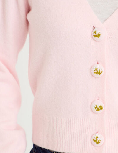 Gilet col v broderie manches longues rose clair femme