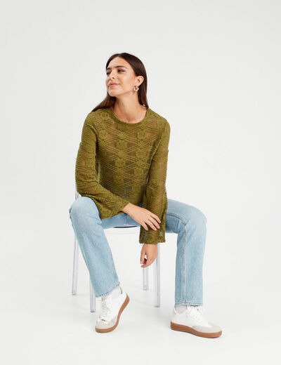 T-shirt ajouré manches pagodes vert olive femme