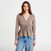 Blouse cintr&eacute;e col v manches longues beige femme