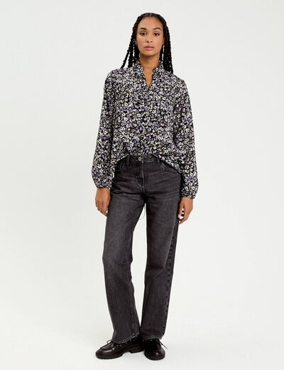 Blouse droite courte manches longues noir femme