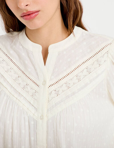 Blouse droite col rond manches longues ecru femme