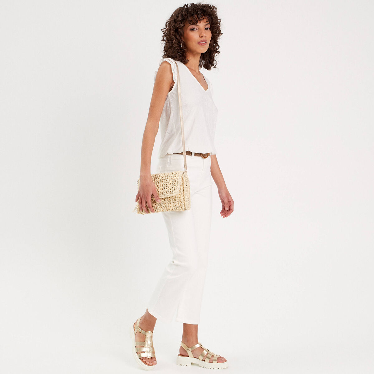 Top sans manches plissé ecru femme