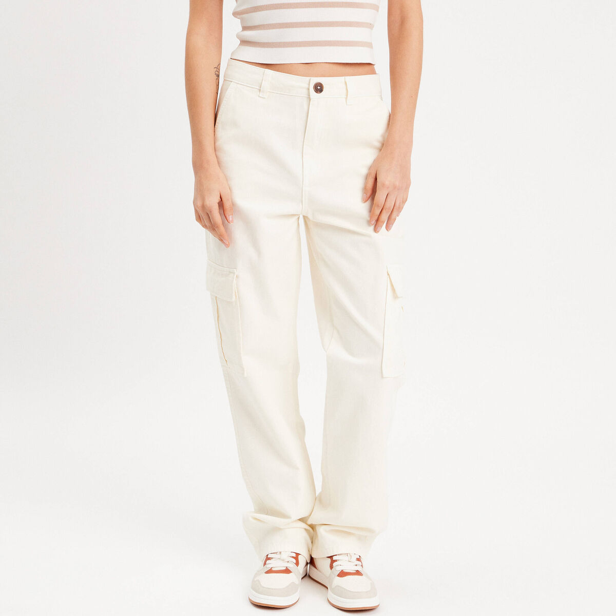 Pantalon large cargo ecru femme