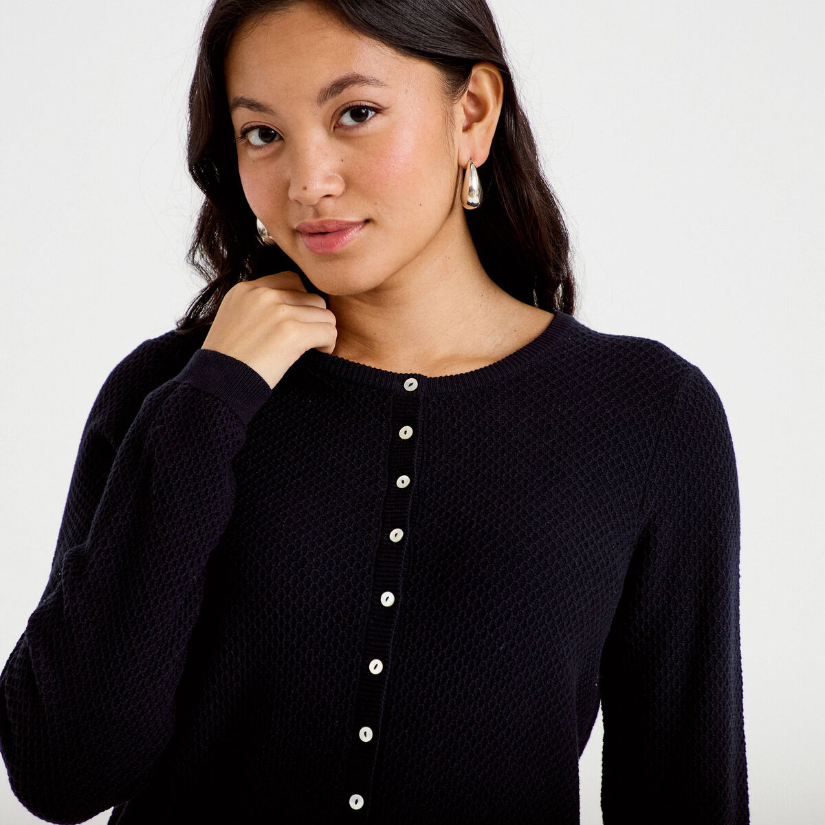 Gilet ajour&eacute; manches longues bleu marine femme